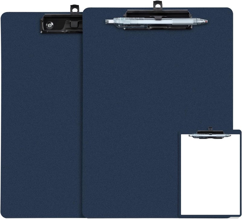 FRETONBA Blue Clipboard with Pen Holder, 2 Pack Plastic Clipboard with Low Profile Metal Clip, Hanging Clip Boards Holds 8.5x11 Inch Papers, Standard A4 Letter Size Clip Boards for Office & School - Image 1